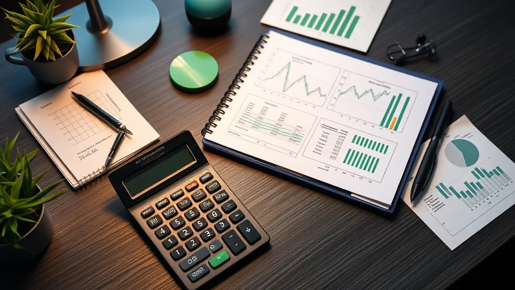 A professional desk with a calculator, notebook, and financi