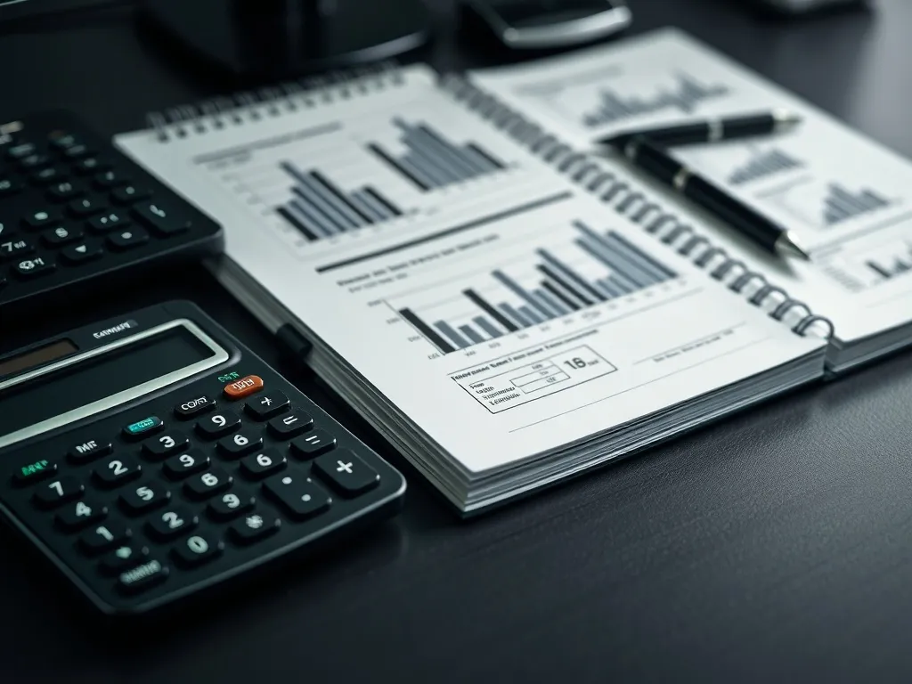 A professional office desk with a calculator, a notebook wit